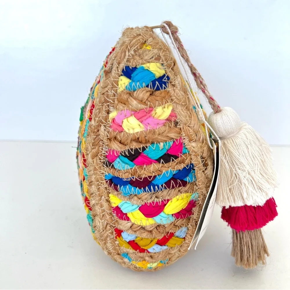 ANTIK KRAFT Beige Woven Jute Raffia Multicolor Braided Strip Fabrics Clutch NWT